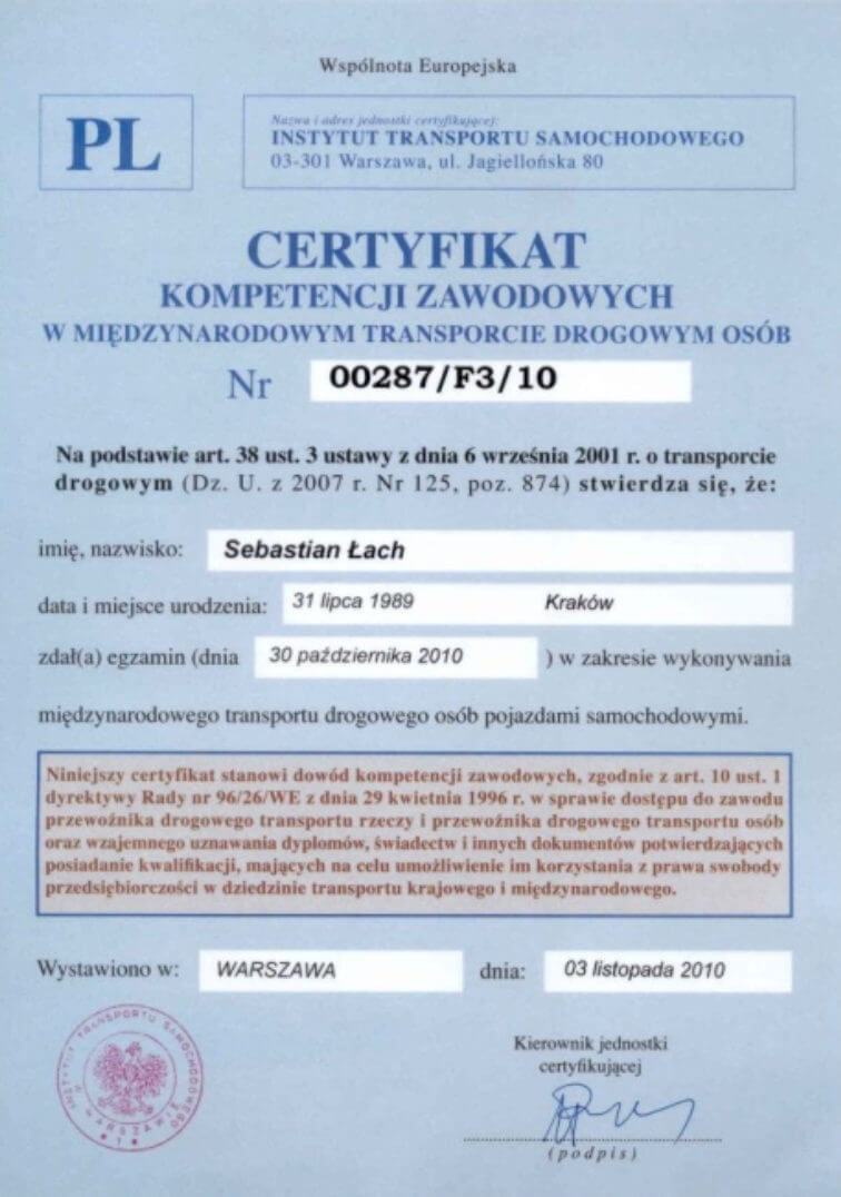 Certyfikat kompetencji zawodowych Sebastian Łach