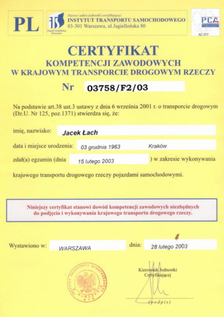 Certyfikat kompetencji zawodowych Jacek Łach