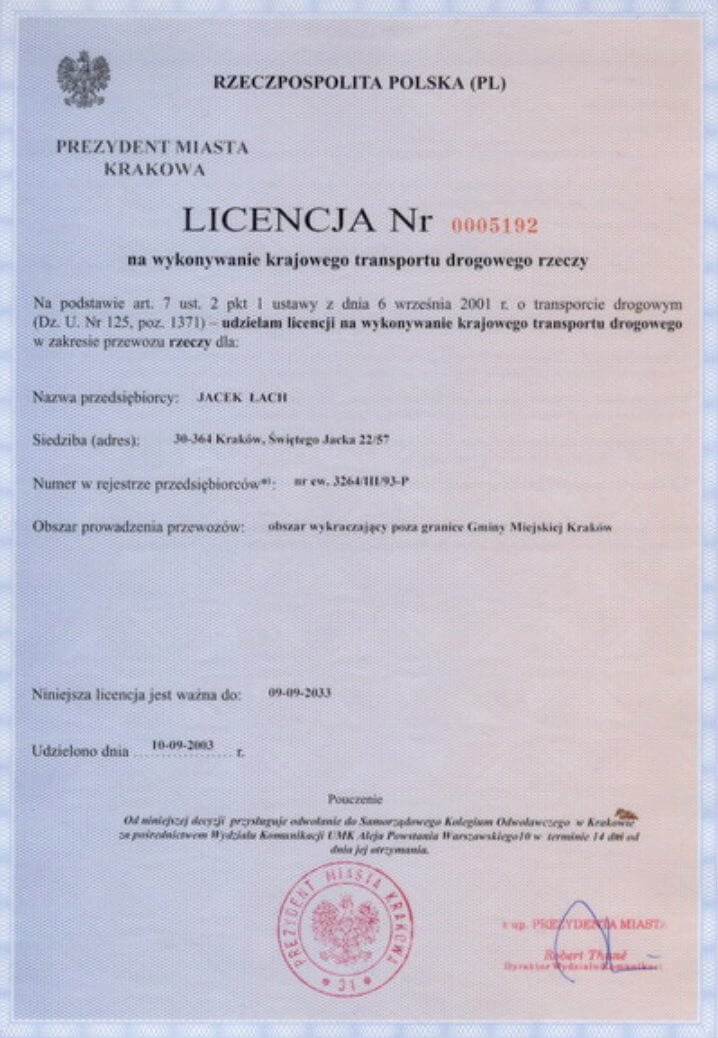 Licencja na wykonywanie krajowego transportu drogowego dla firmy JacekTrans